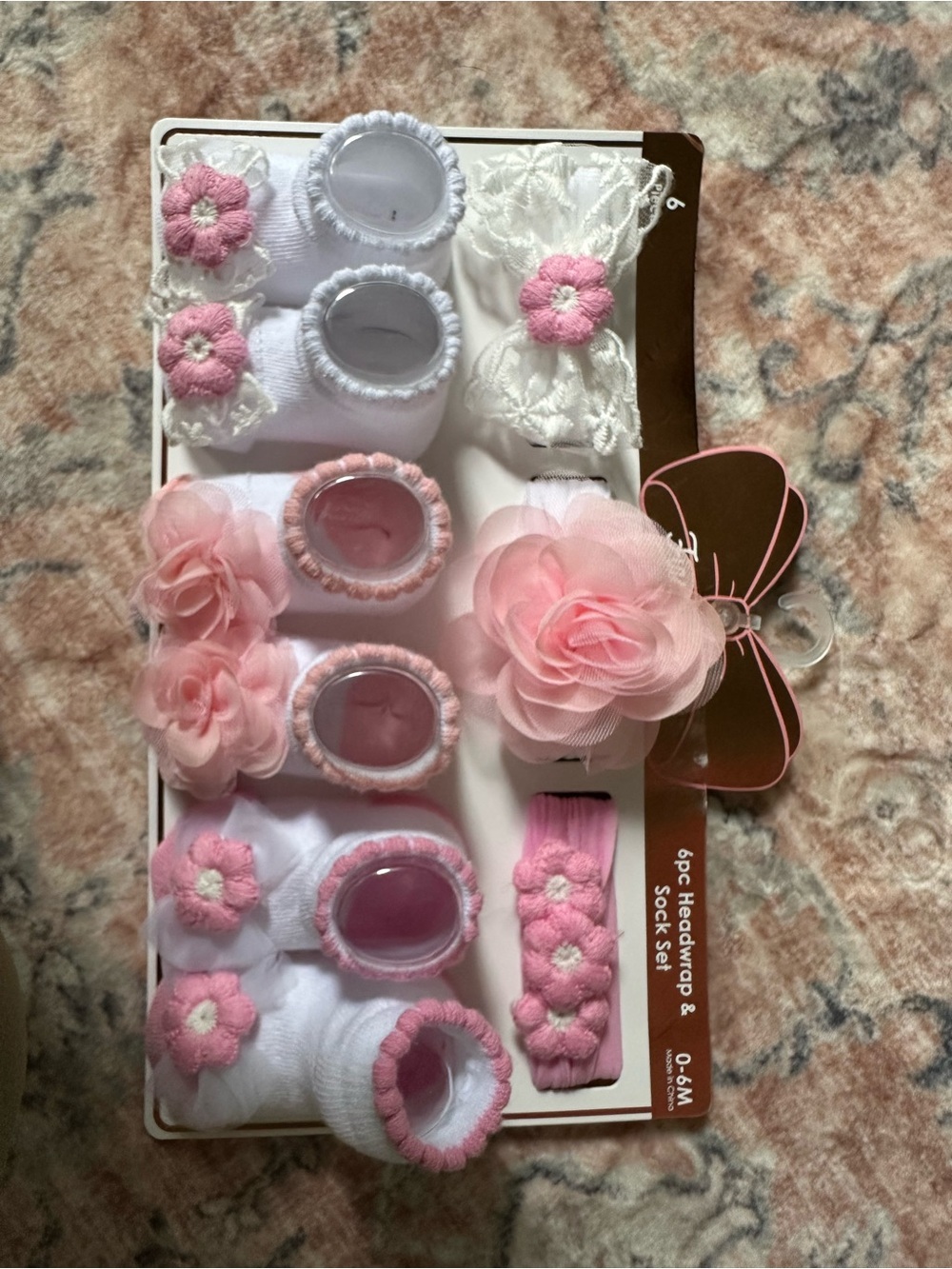 Baby Girl Pink & White Floral Headband and Sock Set